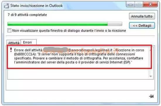 outlook errore server non supporta tipo crittografia 007