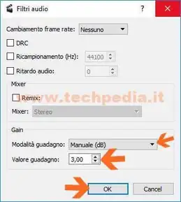 Amplificare l'audio con AVIDEMUX, schermata impostazione manuale guadagno in decibel (db)