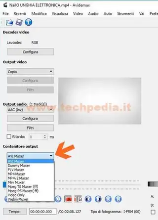 Amplificare l'audio con AVIDEMUX, schermata selezione formato del nuovo video amplificato