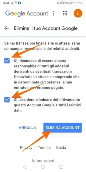 eliminare account google 070