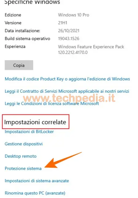 creare punto di ripristino windows 004W10