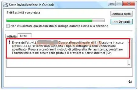 outlook errore server non supporta tipo crittografia 007